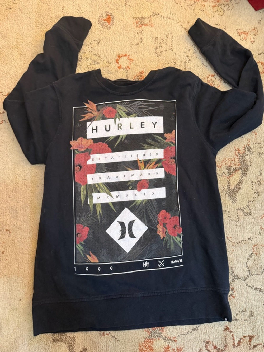 Hurley Black crew with Red Floral Graphic